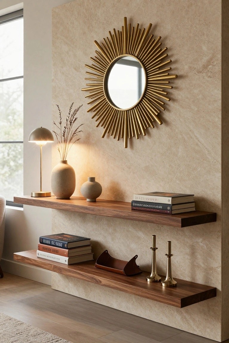 Textured beige wall featuring a large gold sunburst mirror centered between two floating walnut wood shelves; upper shelf holds stacked books, a small vase, and lamp with potted branches; lower shelf displays more books, leather tray, and brass candlesticks.