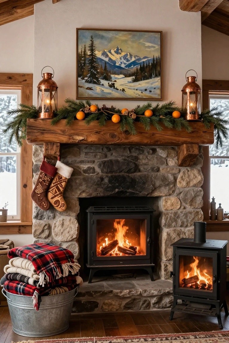 Rustic wooden mantel over a stone fireplace decorated with evergreen garland, oranges, pinecones, two copper lanterns, and two patterned stockings hanging from hooks, with two burning wood stoves, stacked blankets in a galvanized bucket, and snowy window views.