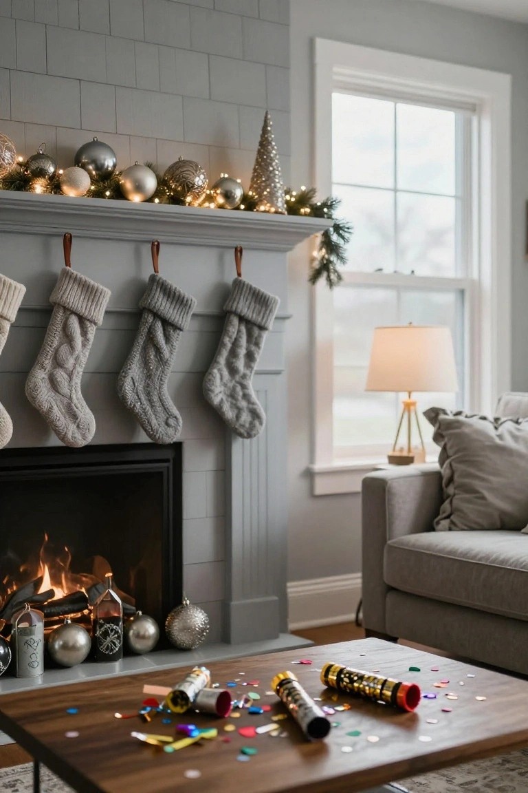 Gray brick fireplace mantel decorated with silver and white Christmas ornaments, pine branches, and a glittery tree topper, with four cream and gray knit stockings hanging from leather hooks, in a living room with a gray sofa and wooden coffee table scattered with colorful party popper remnants.