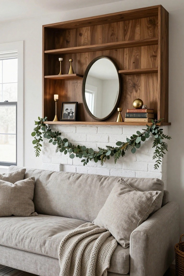 White brick fireplace mantel decorated with draped green eucalyptus garland, wooden open shelves above displaying brass candlesticks, round mirror, books, framed photo, and gold orb, beige linen sofa with pillows and cream throw below.