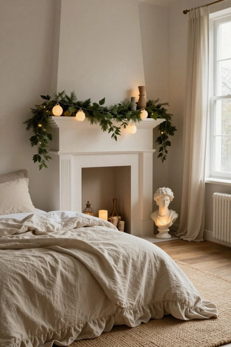 Bedroom corner with white fireplace mantel draped in mixed evergreen garland strung with fairy lights in paper lanterns, flanked by candles and a white marble bust on a pedestal beside a bed with beige linen bedding on hardwood floors with seagrass rug.