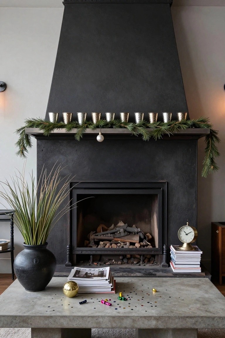 Matte black fireplace with mantel topped by evergreen garland, eight hammered silver votives, and a hanging clear glass ornament, next to a concrete coffee table scattered with gold ornaments and colorful confetti, a black vase of tall grass, books, and a brass clock on a side table.