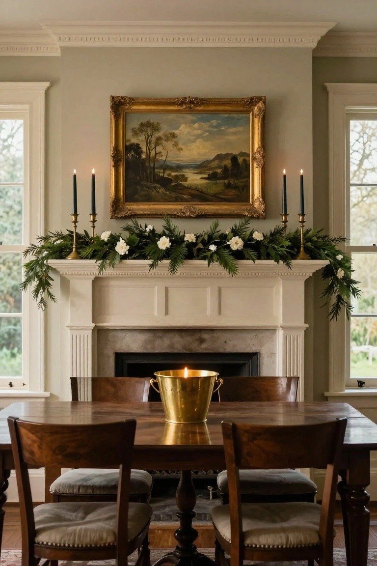 Holiday Mantel with Evergreen Garland and White Blooms