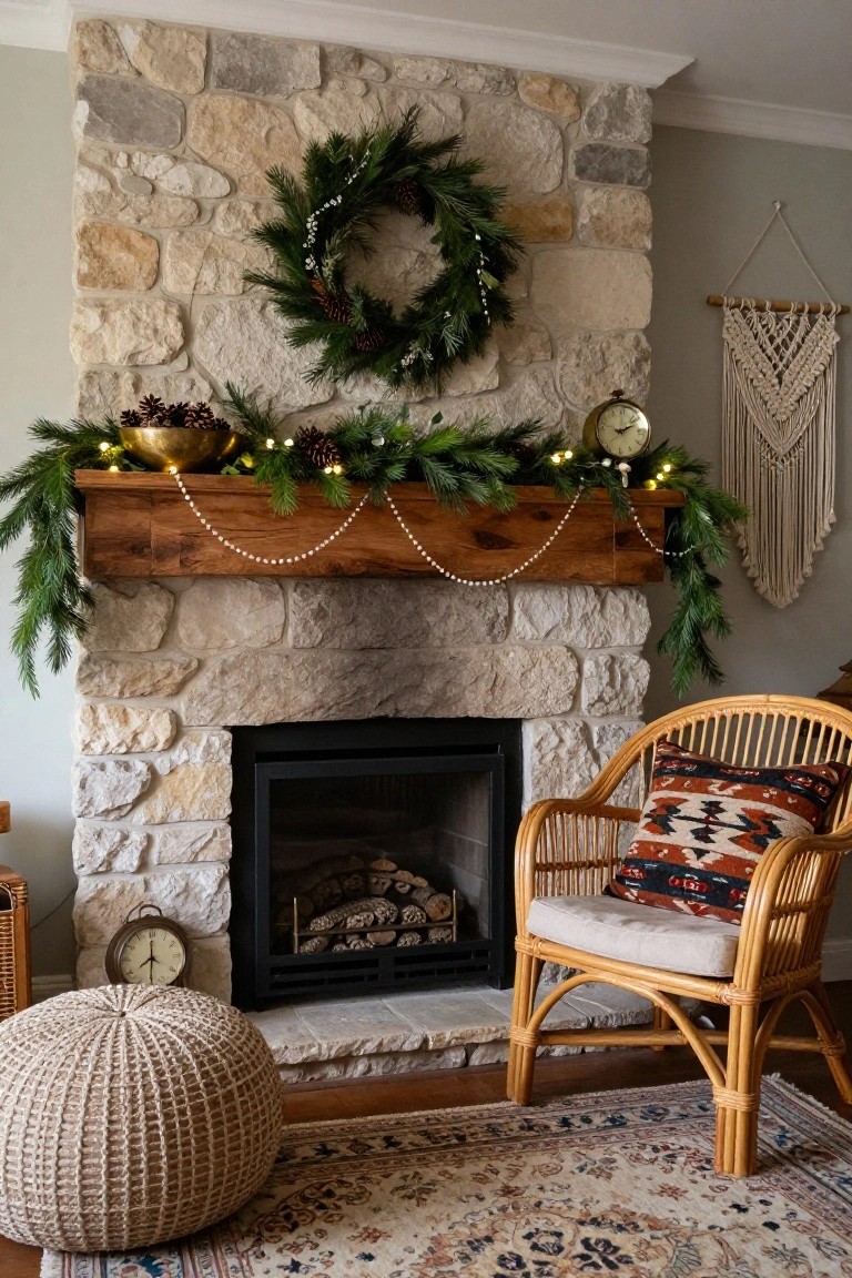 Stone fireplace with wooden mantel shelf decorated by evergreen garland, pearl strand, pinecones in gold bowl, fairy lights, and flanked by rattan chair with patterned pillow, pouf, and rug.