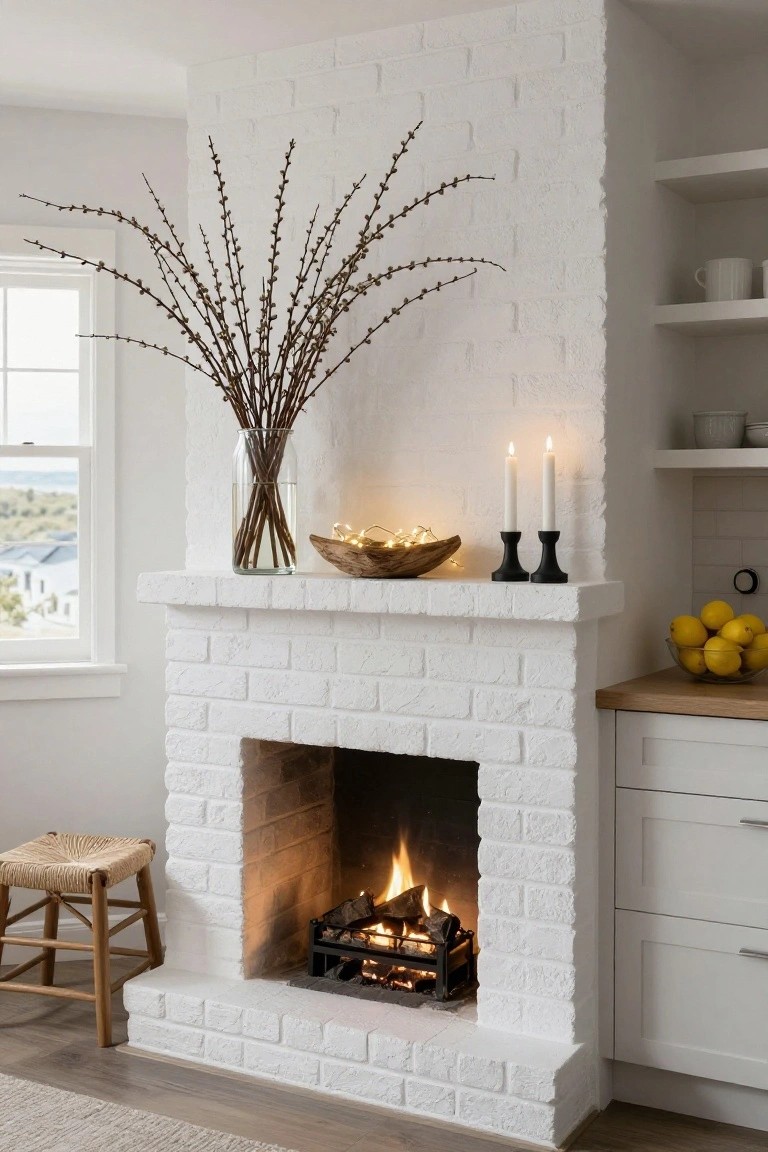 White brick fireplace mantel in a kitchen displaying pussy willow branches in a glass vase, fairy lights in a wooden bowl, white candles on black candlesticks, with a rattan stool nearby and lemons on the counter.