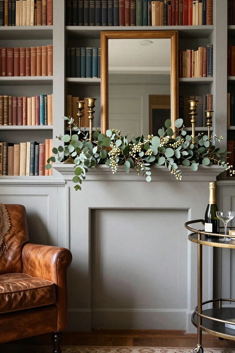 Fireplace mantel decorated with loose eucalyptus garland, white berries, and gold candelabras above a gray hearth, with bookshelves on either side, a leather armchair, and a bar cart with champagne nearby in a paneled room.