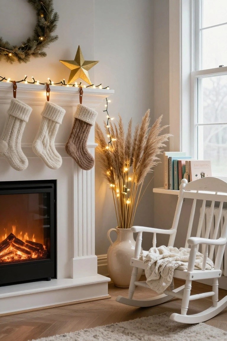 White fireplace mantel decorated with two neutral knit stockings in white and brown hanging from leather straps, fairy lights, a gold star above, pampas grass in a vase, books on a shelf, and a white rocking chair with a blanket nearby in a light room with a window.