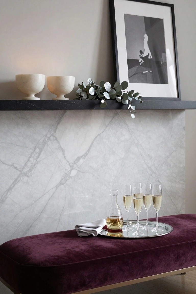 Black shelf mantel over white marble fireplace wall displaying two white marble bowls with candles and eucalyptus garland, with a purple velvet bench in front holding a silver tray of champagne flutes, bottle, and napkin.