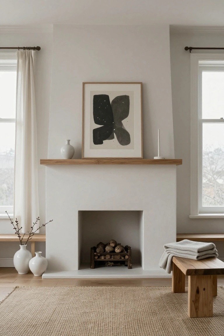 White fireplace with oak mantel shelf holding white ceramic vase, white candle, and framed abstract black and white artwork, wooden bench below with gray folded blankets and vase of branches, two white vases on floor beside beige seagrass rug and sheer curtained windows.