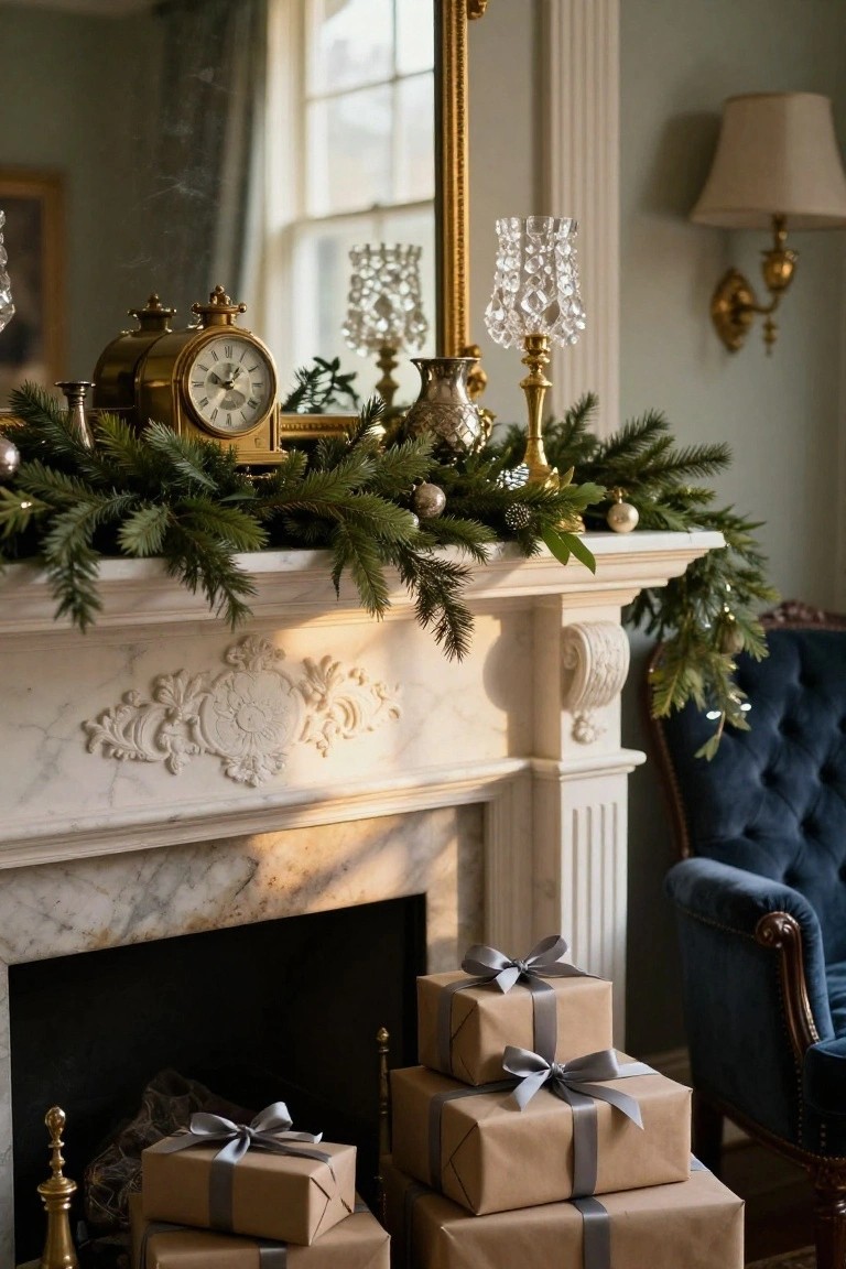 White marble fireplace mantel decorated with green evergreen garland, gold clock, crystal candelabras, metallic ornaments, and stacked brown paper gifts wrapped in gray ribbon in front, with a dark blue velvet armchair nearby in a pale green room.