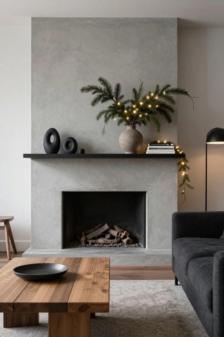 Modern concrete fireplace with black mantle shelf holding black ceramic sculptures, stacked books, terracotta vase of fir branches with fairy lights, and trailing garland, next to wooden coffee table, gray sofa, and floor lamp in a living room.