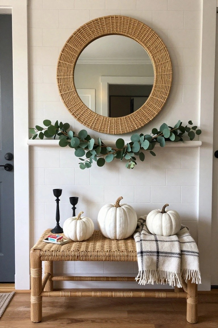 Entryway nook with white subway tile walls, large round rattan mirror centered on wall above wood shelf holding eucalyptus garland, rattan bench below with white pumpkins, black candlesticks, and plaid blanket.