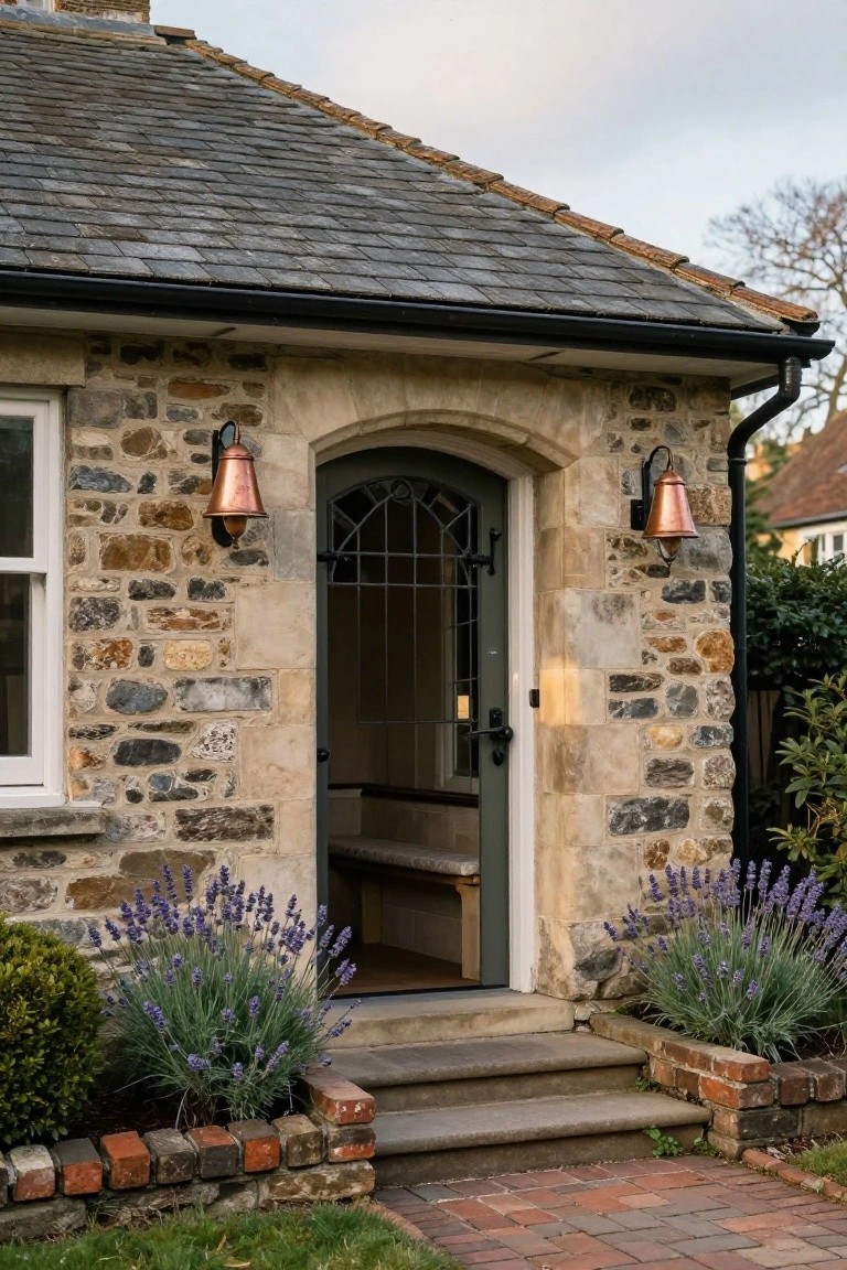 Stone cottage exterior with arched green door featuring wrought iron grille, copper lanterns on walls, wooden bench inside entry, lavender plants in brick-edged beds, and brick steps to paved path.