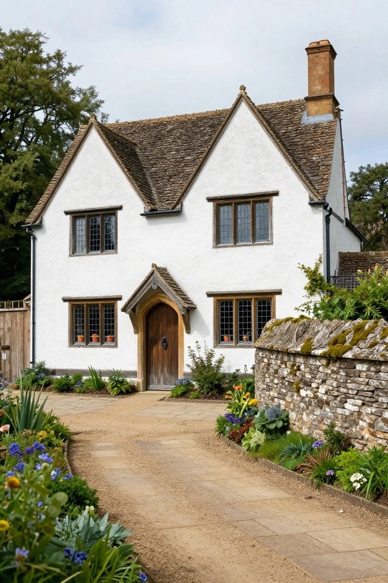 White plaster Tudor Revival cottage with dark timber framing, steeply pitched roof, leaded windows, arched wooden entry door, gravel path, flower borders, and stone wall.