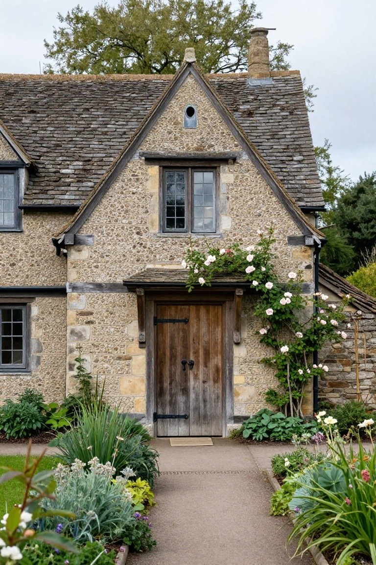 Stone cottage exterior with gabled slate roof, wooden entry door under a small porch, pink climbing roses on the facade, and a gravel path through garden beds.