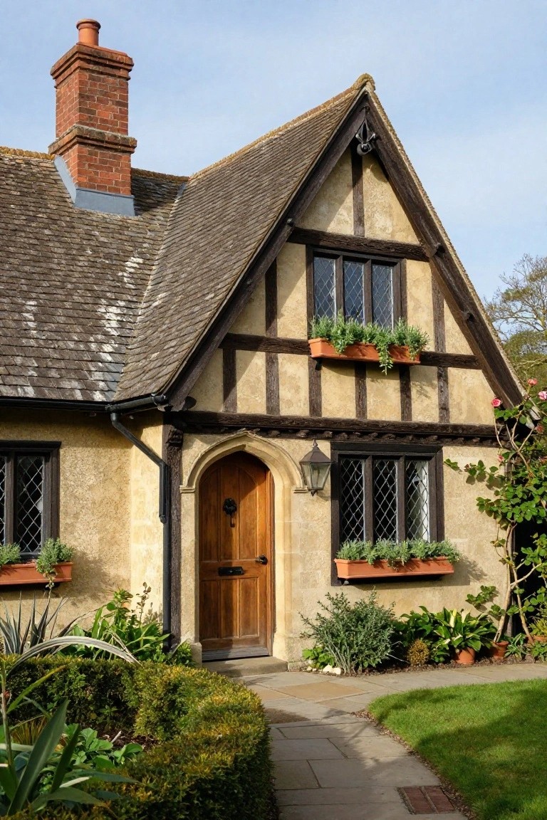 Tudor Revival cottage exterior with dark half-timber framing on cream stucco walls, leaded glass windows with flower boxes, arched wooden front door with lantern, and low hedges along a stone path.