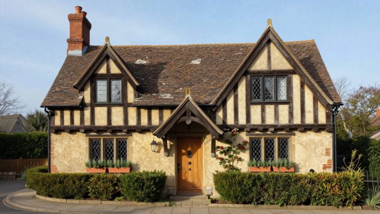 17 Tudor Revival Cottage Exteriors With Old World Personality Tudor Revival cottage exterior with dark half-timber framing on cream stucco walls, leaded glass windows with flower boxes, arched wooden front door with lantern, and low hedges along a stone path.