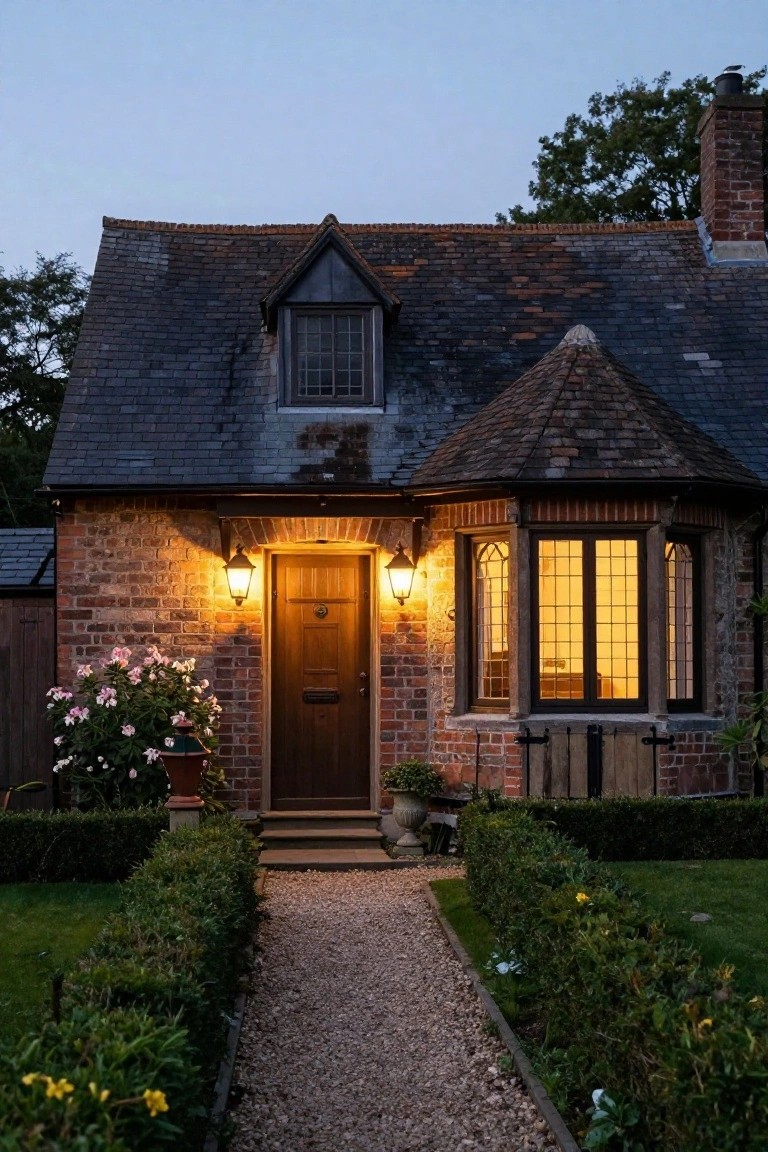 Brick Tudor Revival cottage exterior at dusk featuring a wooden front door flanked by two black lantern lights, an octagonal leaded bay window, gravel pathway, boxwood hedges, potted roses, and a slate roof.