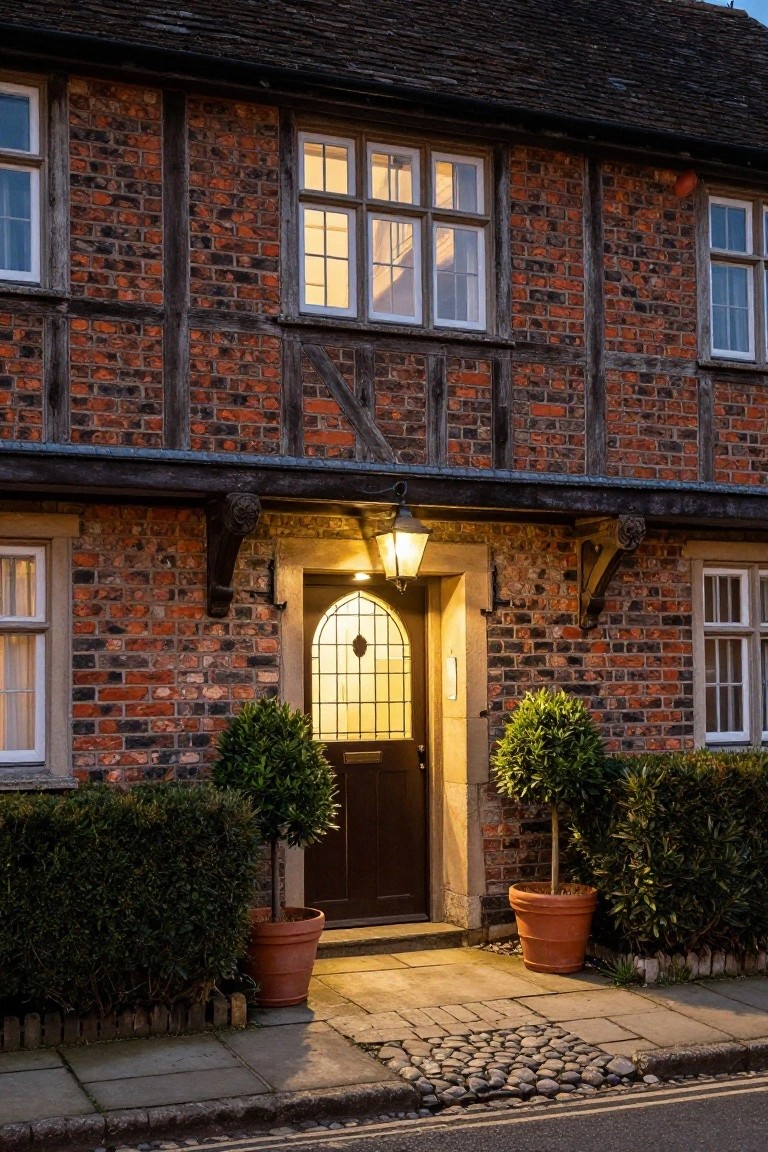 Tudor Revival brick and timber-framed cottage exterior at dusk with illuminated arched front door, hanging lantern under porch overhang, potted boxwood shrubs flanking the entry, and cobblestone path.