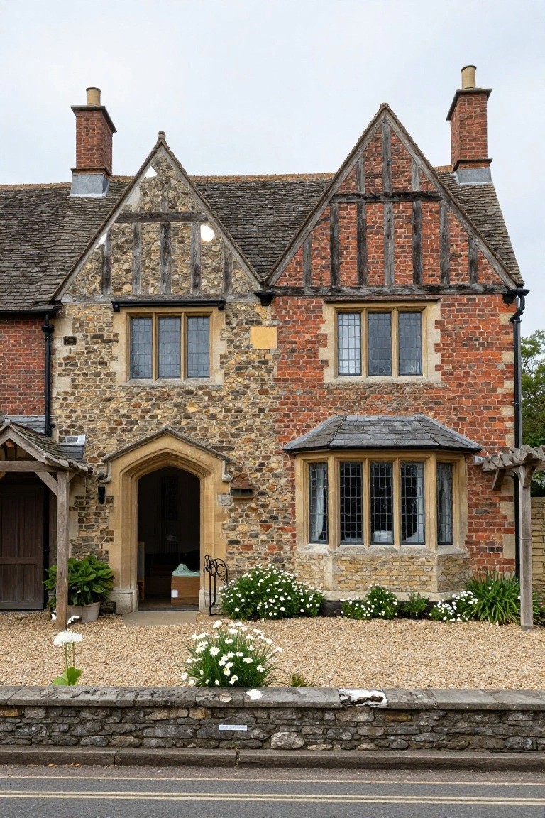 Two-story Tudor Revival semi-detached cottage with left side in stone and timber framing, right side in brick and timber, multiple gables, arched entry porch, bay window, gravel yard with white flowers, and low stone wall along the road.