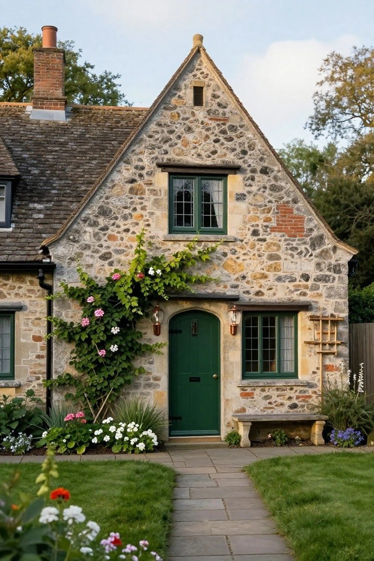 Stone Tudor Revival cottage exterior with pink climbing roses on the left wall, arched green front door with brass lanterns, stone bench nearby, flagstone path, and garden flowers in the foreground.