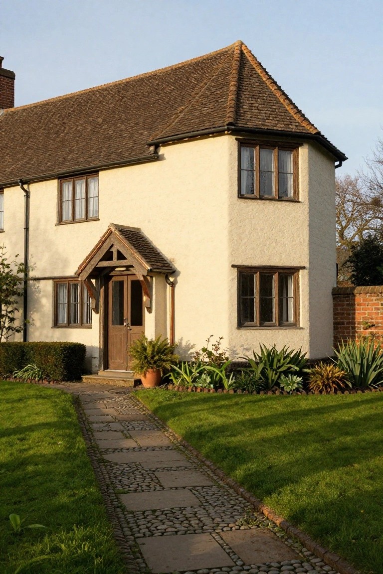 Corner view of a cream stucco cottage with brown clay tile roof, timber-framed gabled porch over wooden double door, flanked by potted plants and succulents, with pebbled stone path on green lawn.