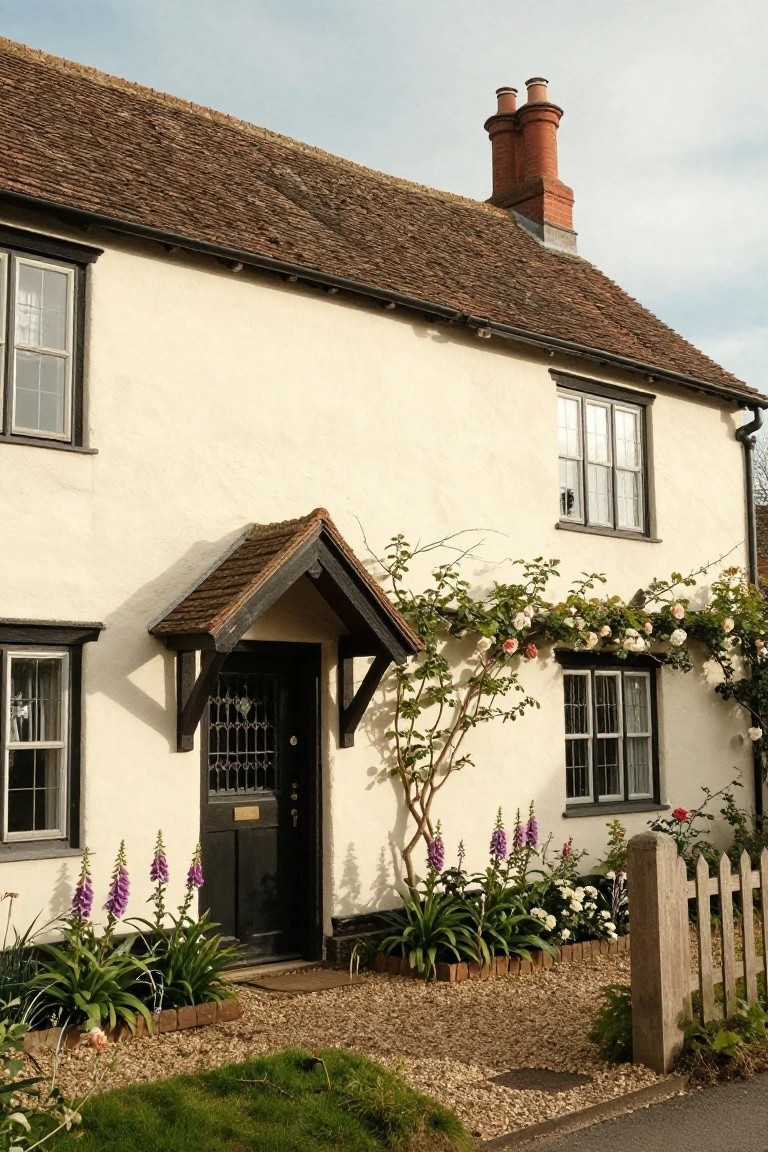 White plaster cottage with thatched roof, black timber-framed porch over front door with grille, climbing roses and foxgloves in front, picket fence at edge.