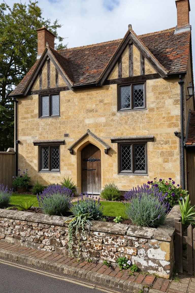 Two-story Tudor Revival cottage exterior with light beige stone walls, dark timber framing, steep gabled roof covered in red tiles, arched wooden front door, leaded glass windows, and purple lavender plants along a low stone wall by the street.