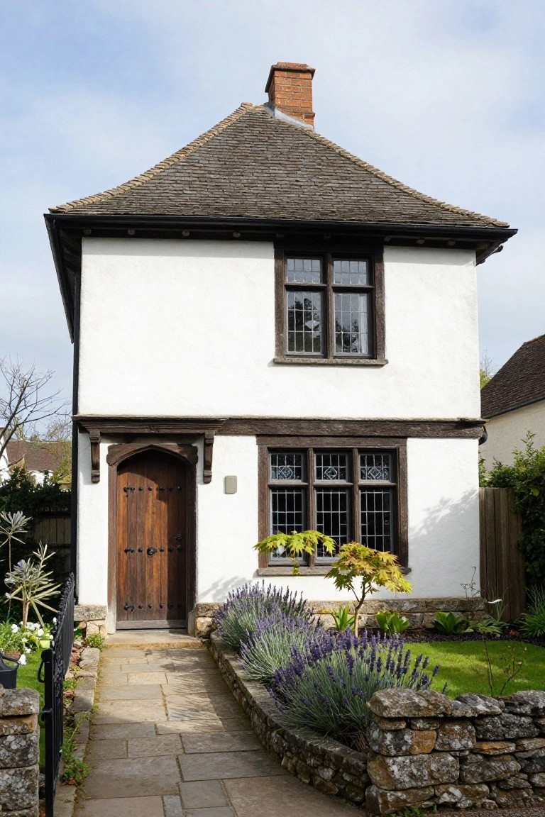 White stucco Tudor Revival cottage with dark timber framing, steep tiled roof, tall leaded windows, arched wooden front door, stone pathway, lavender borders, and low stone walls in the front garden.