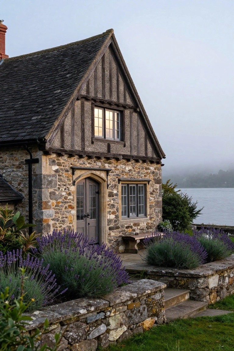 Stone Tudor Revival cottage exterior with dark timber framing, slate roof, arched double doors, lavender bushes, stone bench on patio, steps, and low wall overlooking a lake in mist.