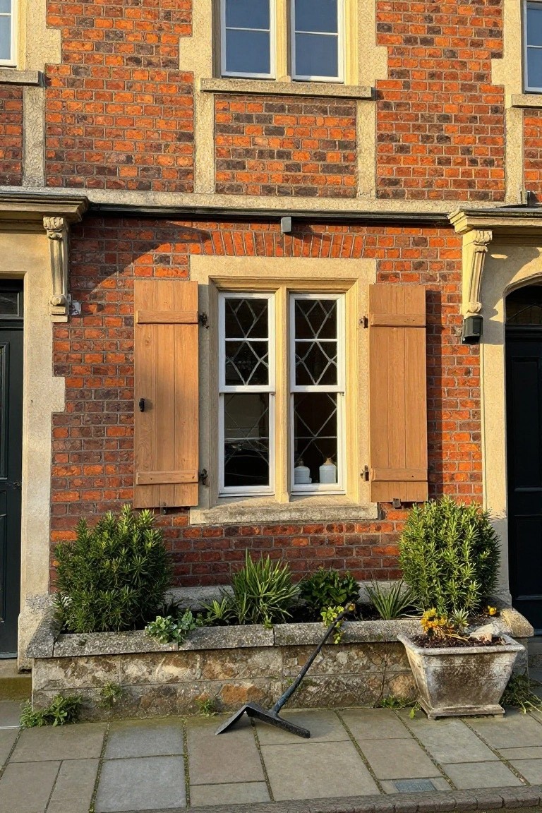 Red brick Tudor Revival cottage exterior with open wooden shutters on a multi-pane window, stone planters filled with boxwood shrubs along the base, and a garden hoe leaning on the stone edging beside a paved path.