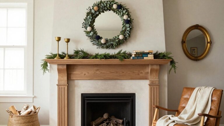White shiplap fireplace mantel in a light gray room with large circular wreath of eucalyptus leaves, pine branches, and red berries hanging above two white knit stockings, brass candlesticks on the hearth, firewood rack nearby, gray sofa, and jute rug in foreground.