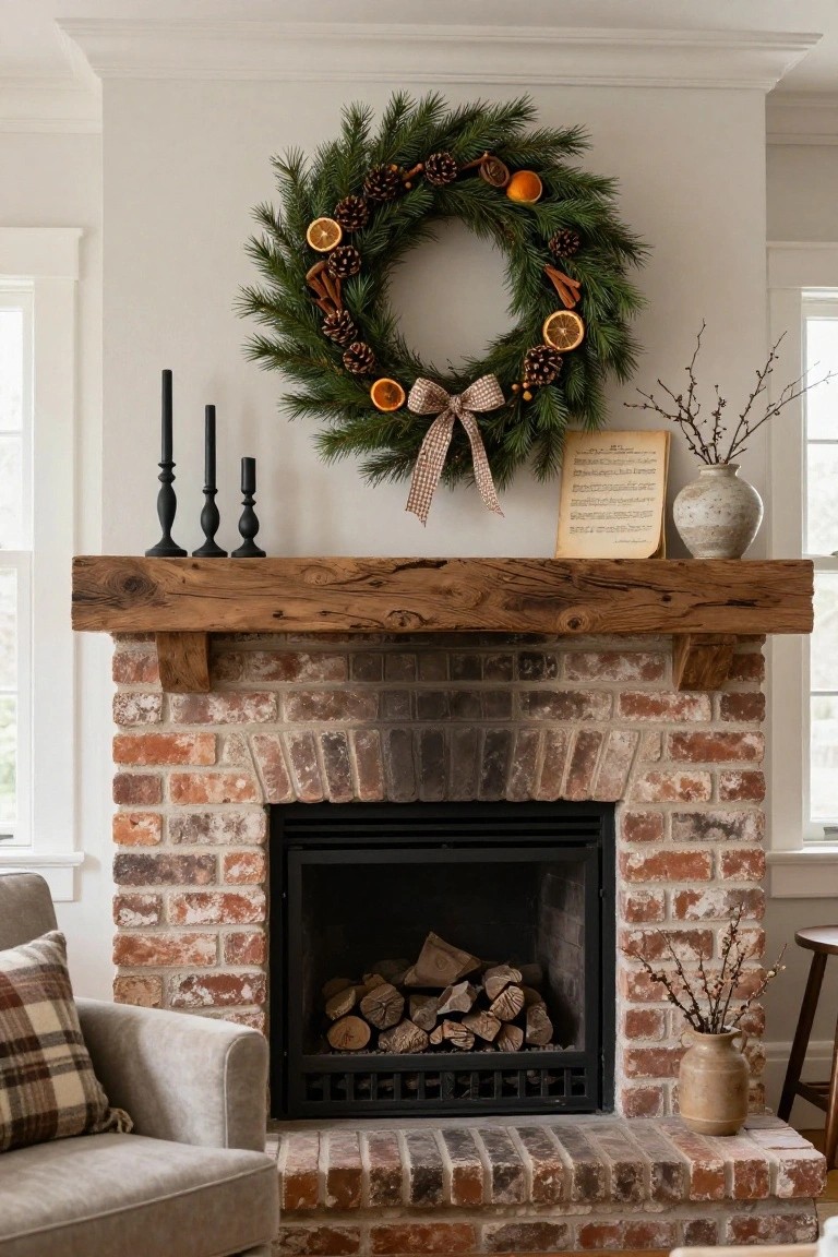 Cozy brick fireplace with rustic wood mantel, pine wreath, and autumn decor.