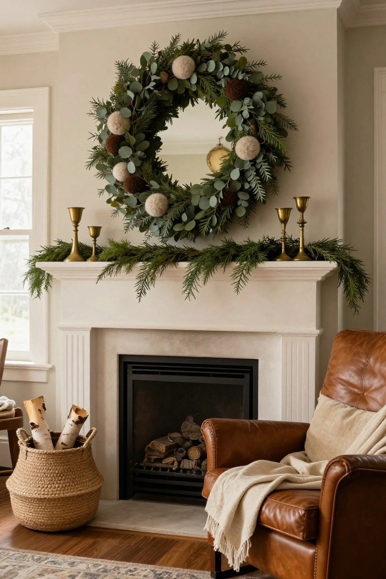 White shiplap fireplace mantel in a light gray room with large circular wreath of eucalyptus leaves, pine branches, and red berries hanging above two white knit stockings, brass candlesticks on the hearth, firewood rack nearby, gray sofa, and jute rug in foreground.