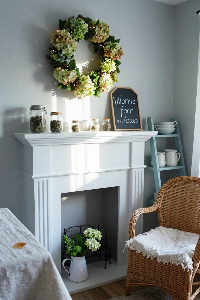 Stone fireplace mantel with lit fire, berry wreath on wall above, four hanging stockings in white satin and metallic bronze with tassels, velvet ottoman, marble table with teacup and saucer, ornate drapes.