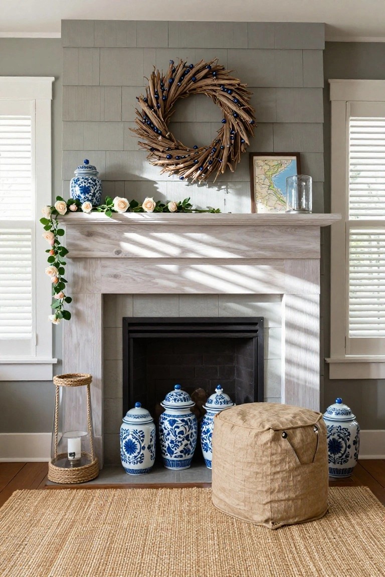 Cozy living room with a large dried pampas grass wreath above a stone fireplace mantel on a wood beam shelf, flanked by plants and vases, rattan furniture, and a woven rug on the floor.