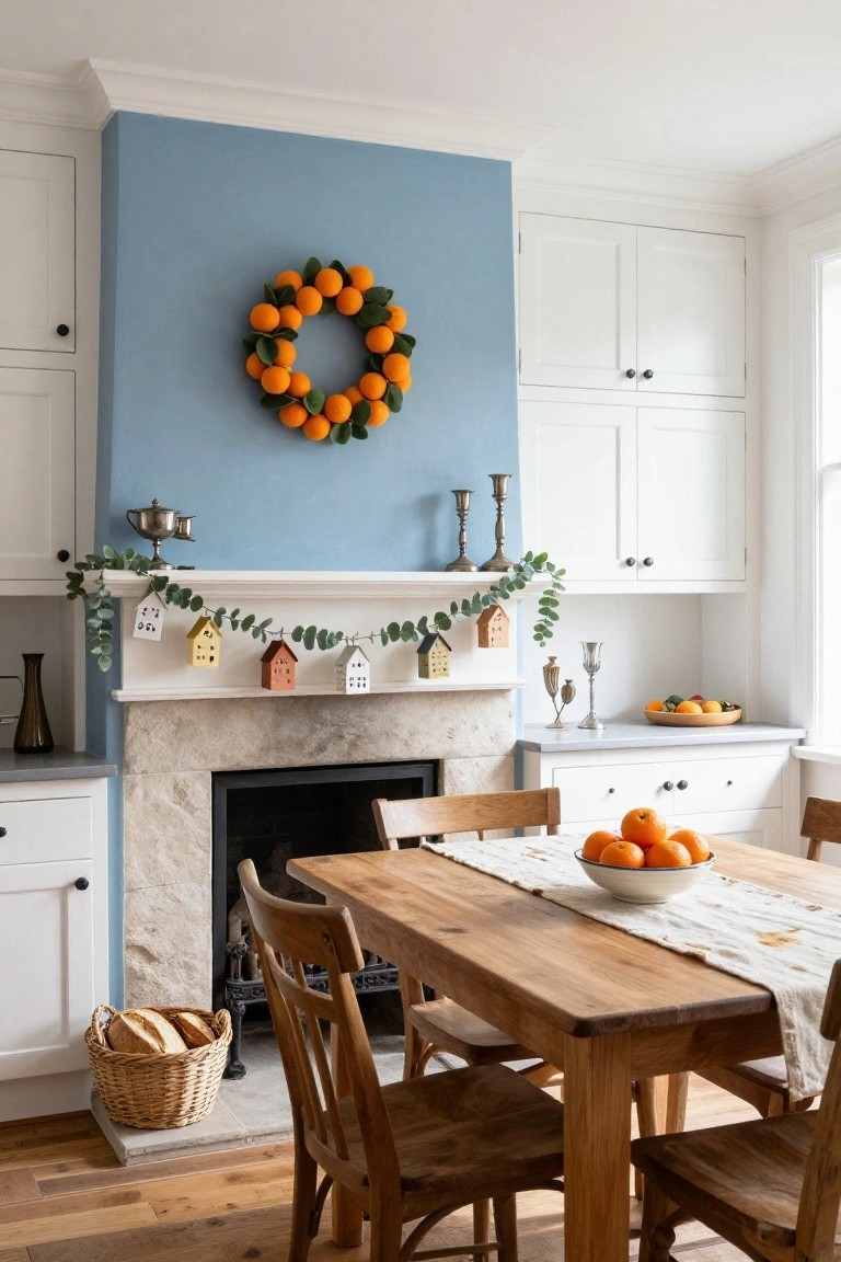 Stone fireplace in a log cabin living room with a Christmas wreath of greens, pinecones, and cinnamon sticks hanging on the wall above the mantel, pinecones on the mantel, a deer antler mount, stocking on the wall, plaid throw on leather sofa, oil lantern on trunk table, and snowy view through window.