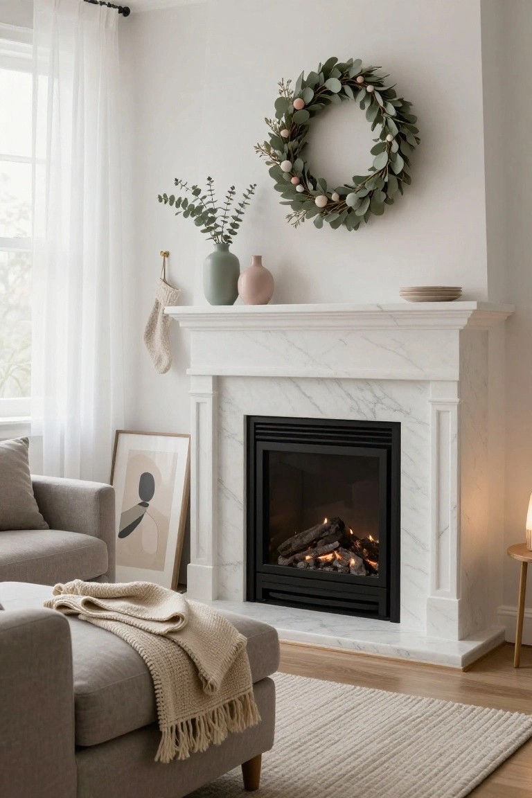 A cozy living room fireplace with a white mantel decorated by a multicolored fabric star wreath, hanging felt reindeer garlands, beaded strands, lanterns, jars, and a wooden rocking horse on the floor nearby.