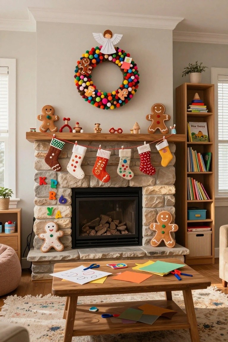 Mint green shiplap wall in a cozy interior with a large rainbow yarn pom-pom wreath topped with white cloud pom poms, wooden growth chart, beige couch with throw blanket, rocking horse, wicker toy basket, and fairy lights on the floor.