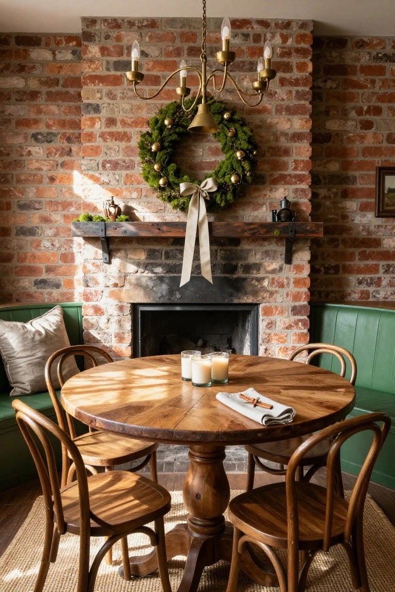 Colorful wool pom-pom wreath hanging on wooden mantel above lit gas fireplace flanked by bookshelves, leather chairs, brass candlestick, and globe in wood-paneled room.