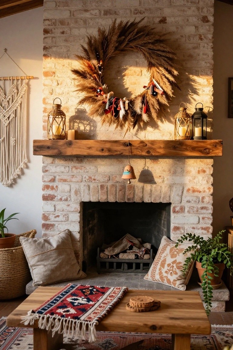 White brick fireplace mantel in a nursery with colorful wooden star wreath hanging above, knit stocking on side, wooden toy box and train inside, crib in rocking chair nearby, patterned rug on floor.