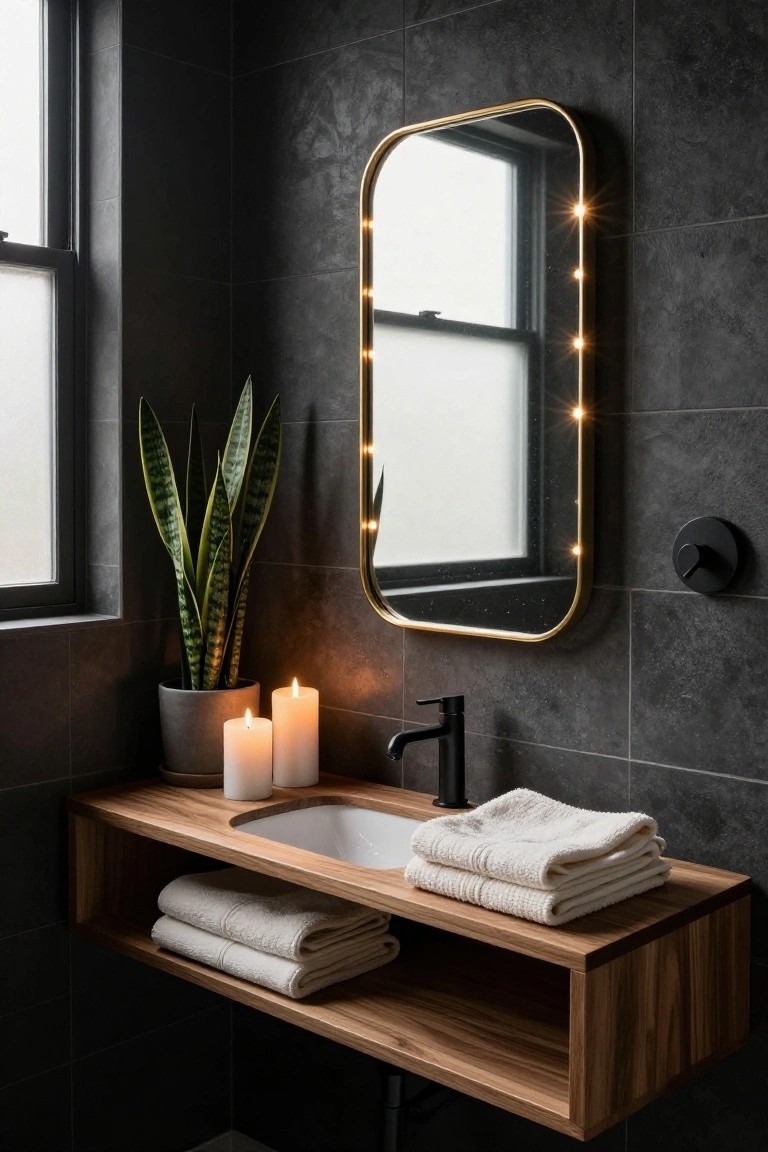 Contemporary bathroom with dark gray textured tile walls, oval gold-framed mirror edged in warm LED lights, floating wooden vanity holding a white undermount sink and stacked white towels, potted snake plant, two lit white pillar candles, and black faucet.
