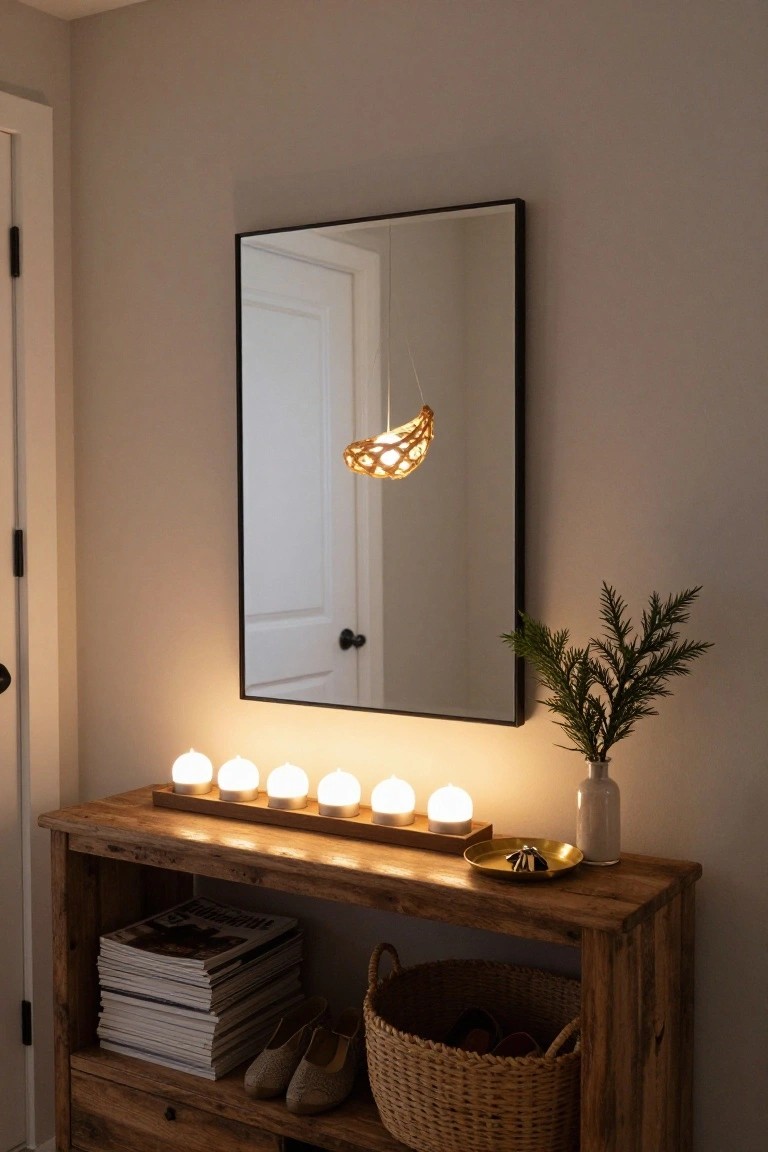 Black-framed mirror on beige wall next to white door, with rustic wooden console table holding tray of six glowing white orb candles, gold dish with keys, white vase with greenery, magazines, shoes, and wicker basket below.