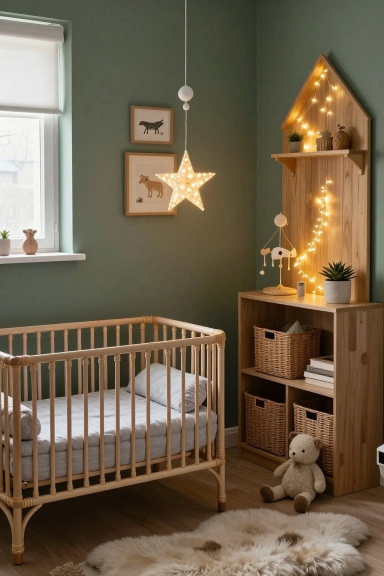 Mint green nursery room with wooden crib, low open bookshelf with baskets and teddy bear, tall house-shaped wooden shelf with string lights and potted plants, hanging star light, and framed animal artwork on walls.