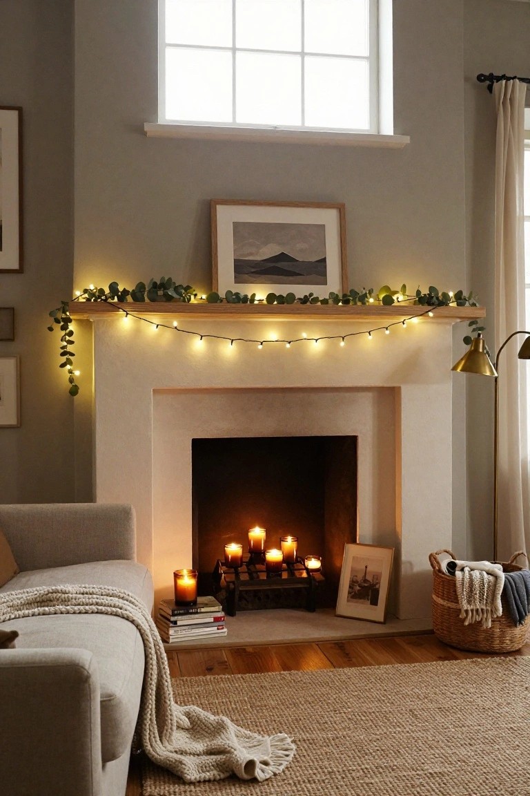 Interior view of a cozy living room corner featuring a white stone fireplace with burning candles inside, fairy lights draped over eucalyptus garland on a wooden mantel shelf, a beige sofa with knitted throw, books, framed photos, and a wicker basket with blankets on a wooden floor.