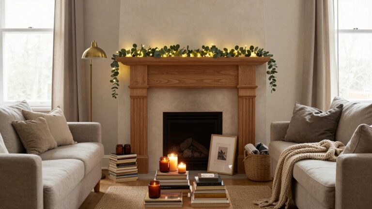 18 Winter Lighting Decor Ideas After Christmas That Keep the Glow Alive Interior view of a cozy living room corner featuring a white stone fireplace with burning candles inside, fairy lights draped over eucalyptus garland on a wooden mantel shelf, a beige sofa with knitted throw, books, framed photos, and a wicker basket with blankets on a wooden floor.