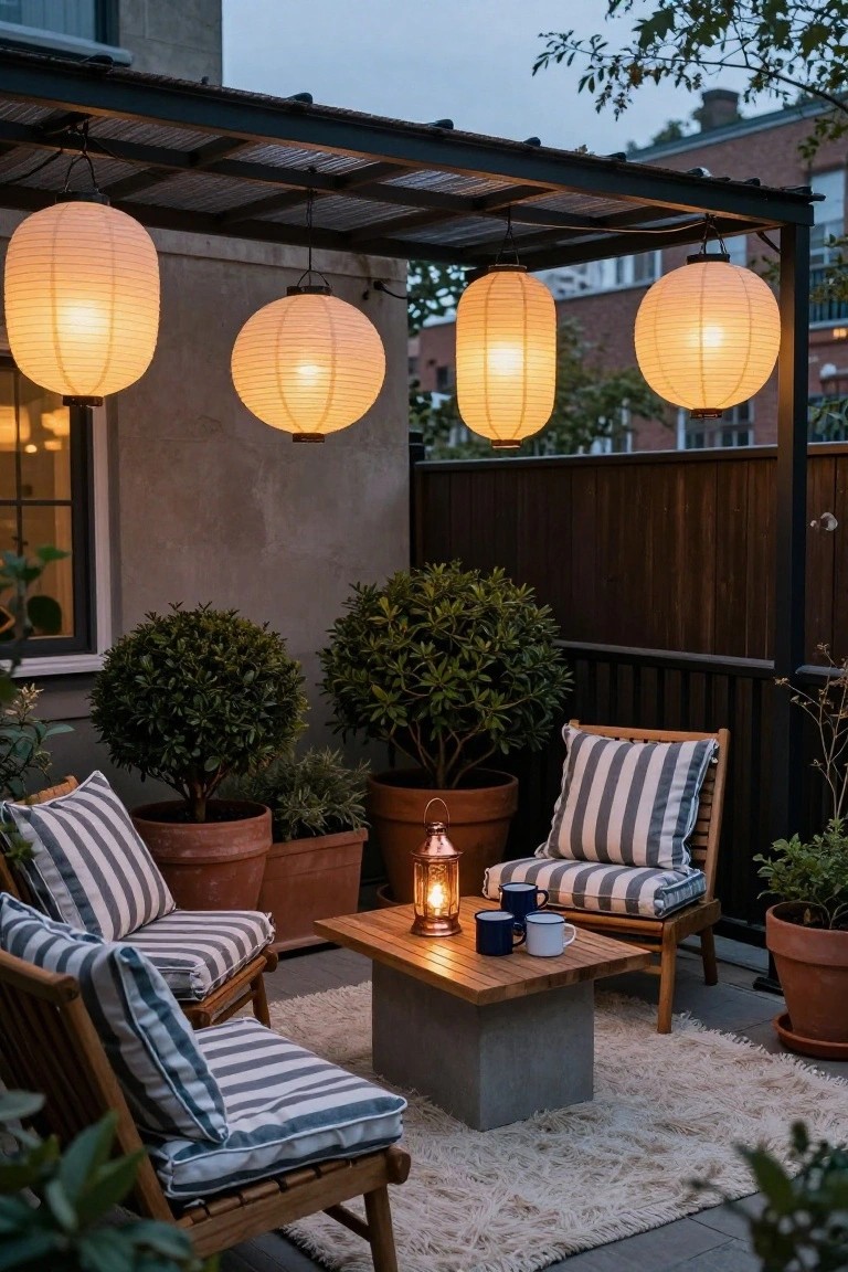 Outdoor patio under a black metal pergola with four hanging white paper lanterns, two wooden chairs with blue-and-white striped cushions around a wooden table holding two mugs and a small lit lantern, potted plants and boxwoods nearby, wooden fence in background.