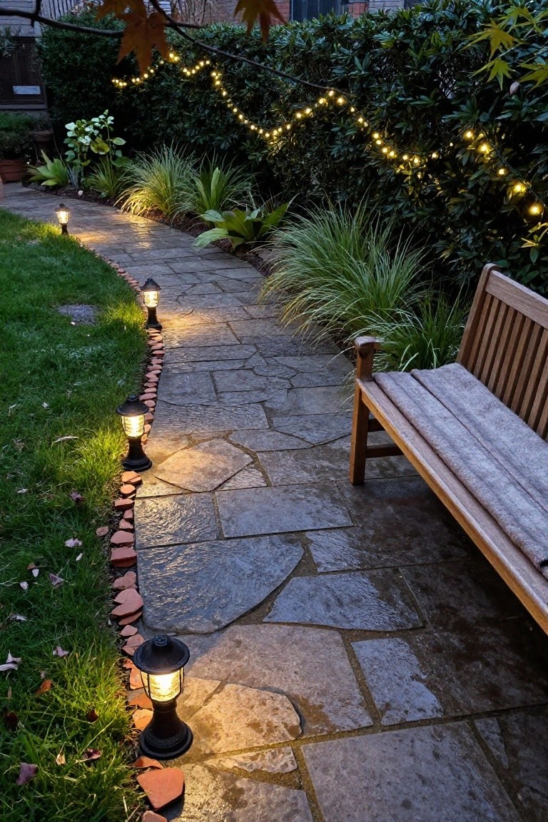 Curved stone pathway edged with grass and red bricks, lined by several black lanterns emitting warm yellow light, leading to a wooden bench beside plants and a hedge with string lights in a garden at dusk.