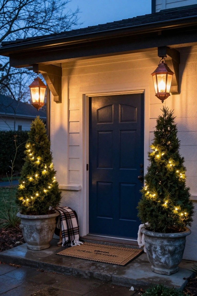 House exterior at dusk with a dark blue front door flanked by two lit potted evergreen trees wrapped in string lights, copper lanterns mounted on the wall, a plaid blanket draped over one pot base, a white towel on the other, and a welcome mat on the step.