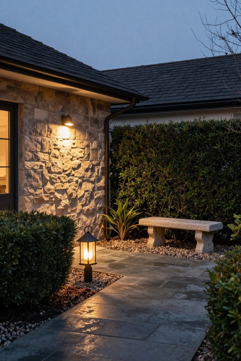 Stone house corner at dusk with lit wall sconce, gravel-edged stone path, hedges, potted plant, carved stone bench, and freestanding lantern.